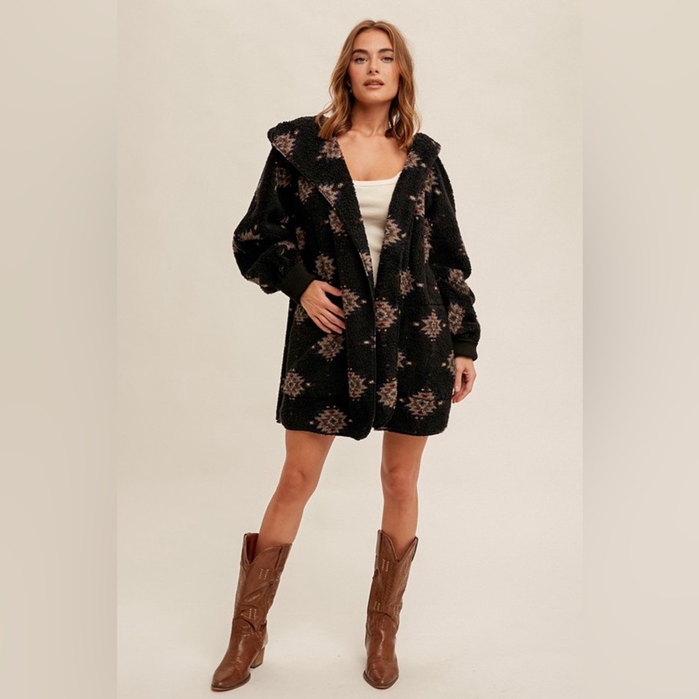 452. LAST 1! AZTEC PLUSH SOFT HOODIE Teddy Jacket Black Fleece Boho bohemian - Picture 3 of 6